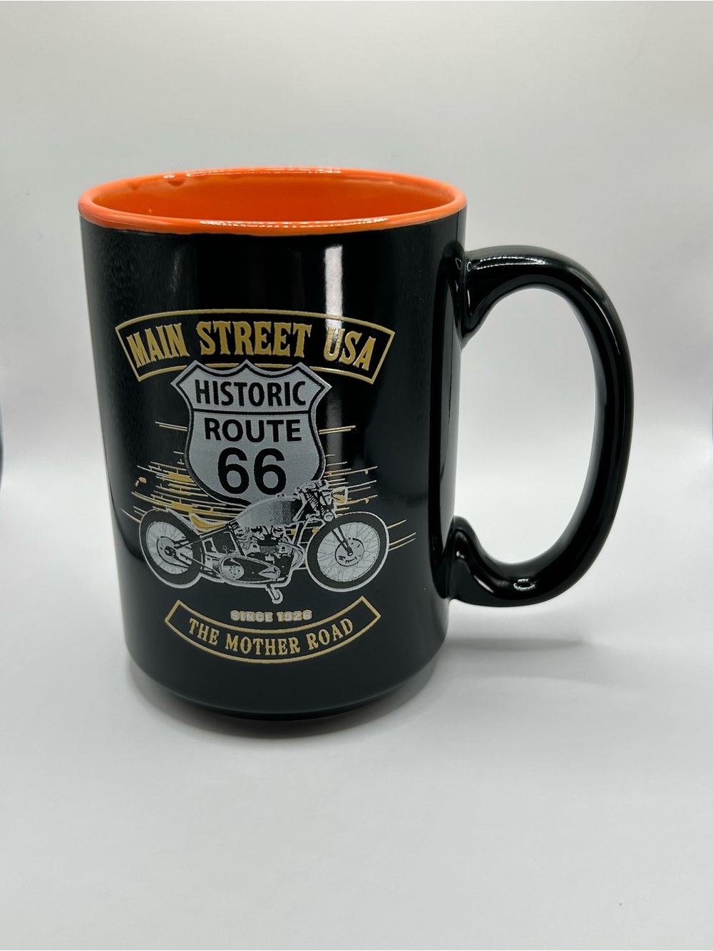 Route 66 Main Street USA Motorcycle Coffee Mug Black Orange Ceramic